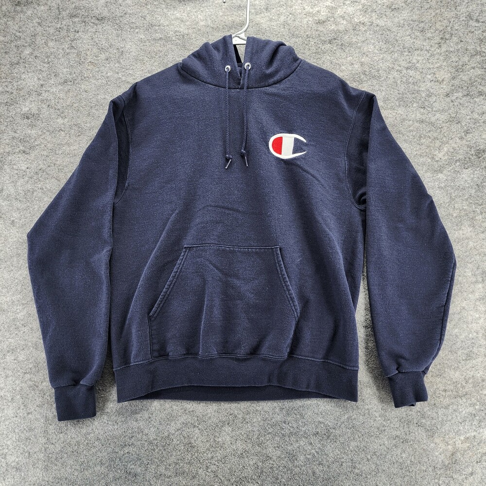 Vintage Champion Hoodie Mens Medium Blue Logo Hooded